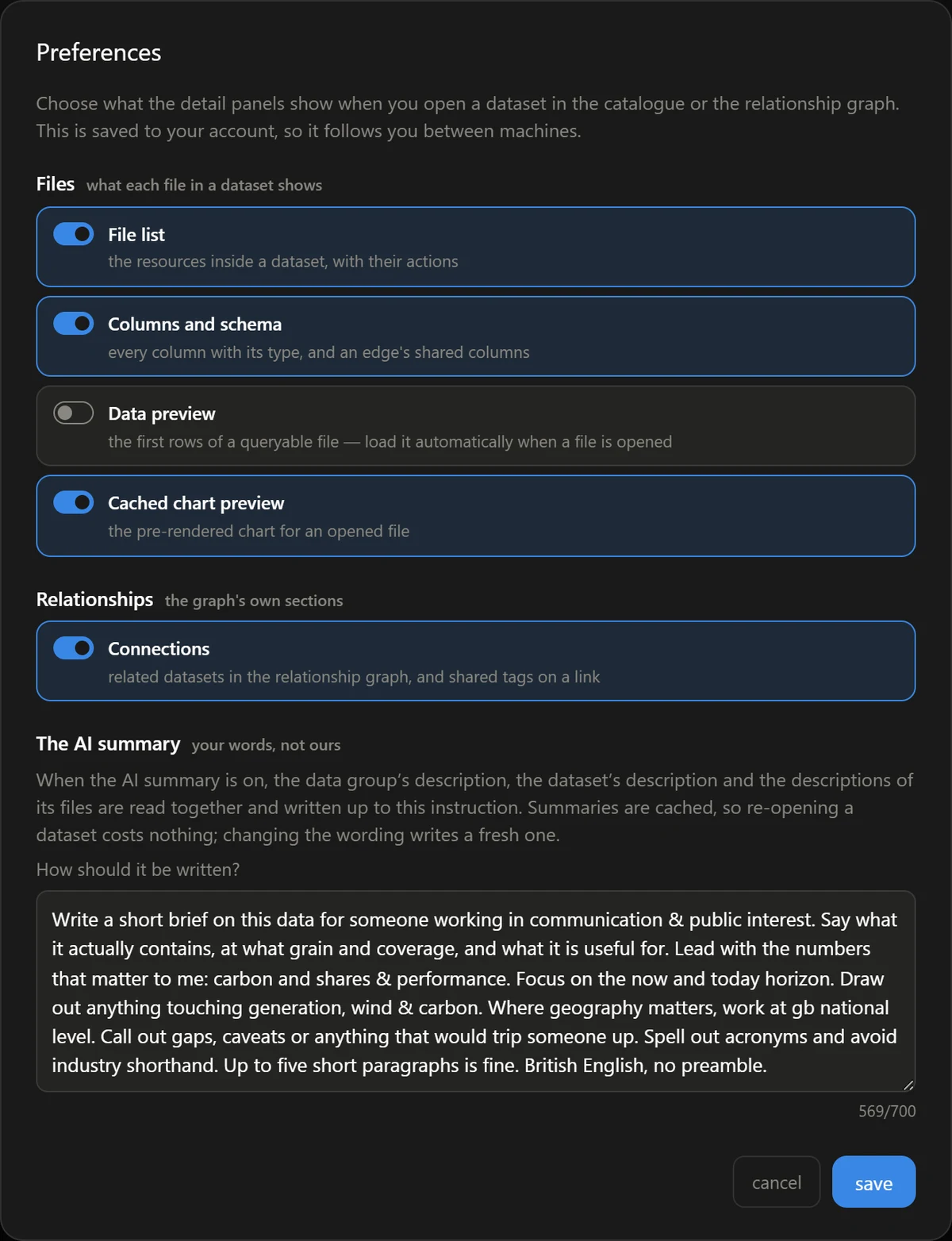 Preferences dialog showing the AI-summary instruction text area, pre-filled from the user's profile answers