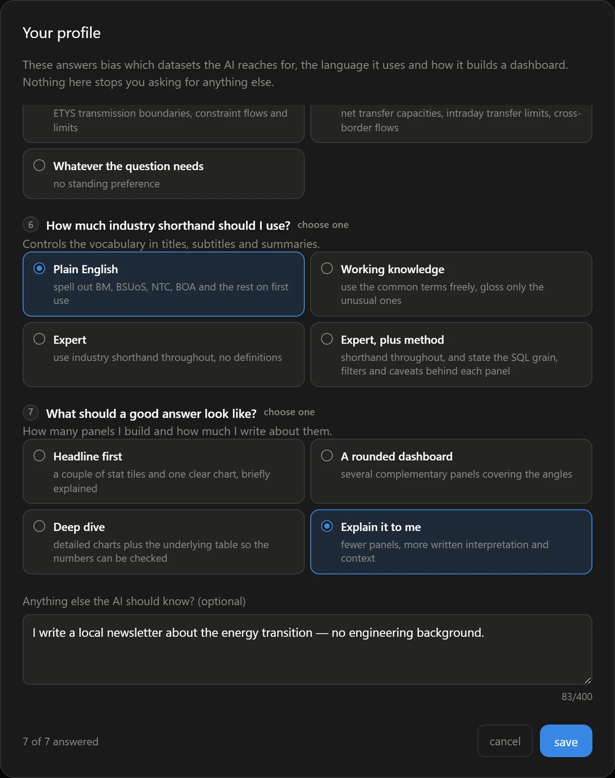 The profile questionnaire: 'How much industry shorthand should I use?' with Plain English selected, and 'What should a good answer look like?' with Explain it to me selected
